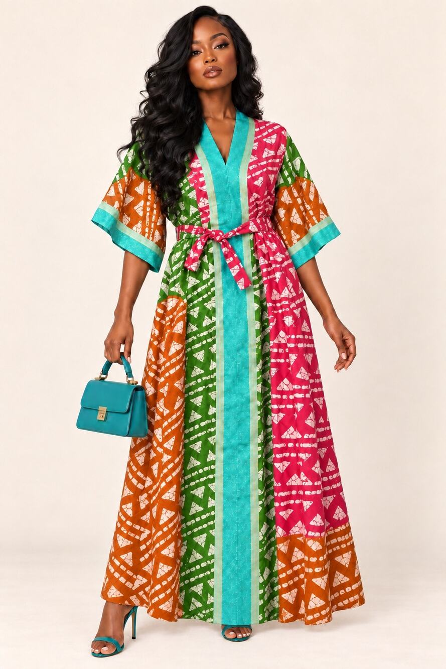 100% Cotton Handmade African Boubou Belted Maxi Dress 2X Ankara Wax Print Boho